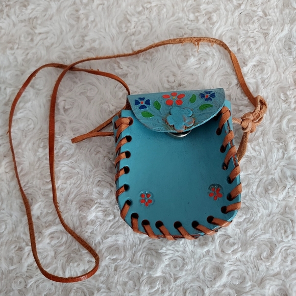 Hand Crafted Handbags - Little leather Hand Crafted floral turquiose blue bag pouch